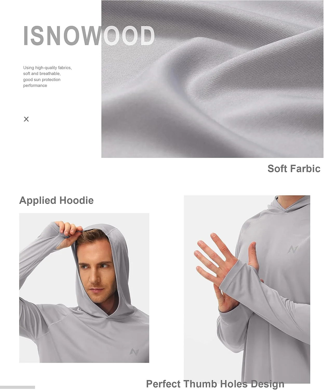 isnowood Sun Shirt UPF 50  Men's Fishing Long Sleeve UV Protection Hoodie Hiking Rash Guard Swimming Running