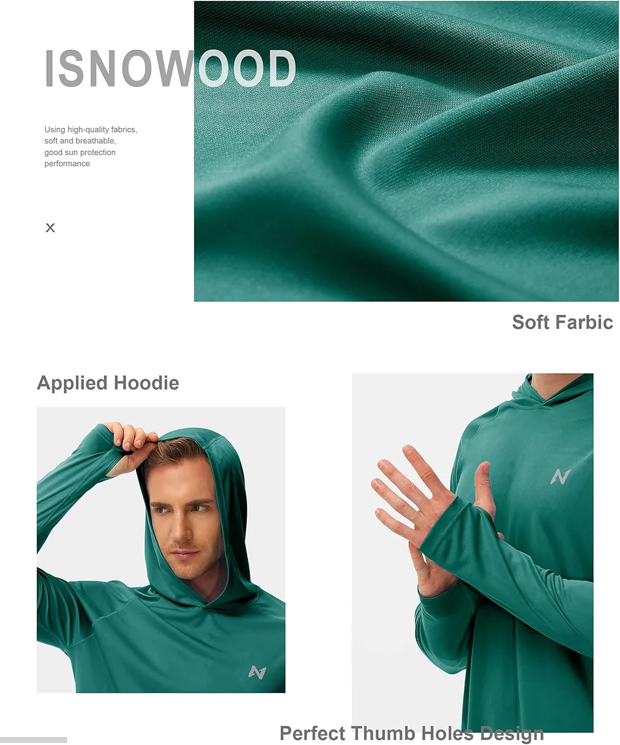 isnowood Sun Shirt UPF 50  Men's Fishing Long Sleeve UV Protection Hoodie Hiking Rash Guard Swimming Running