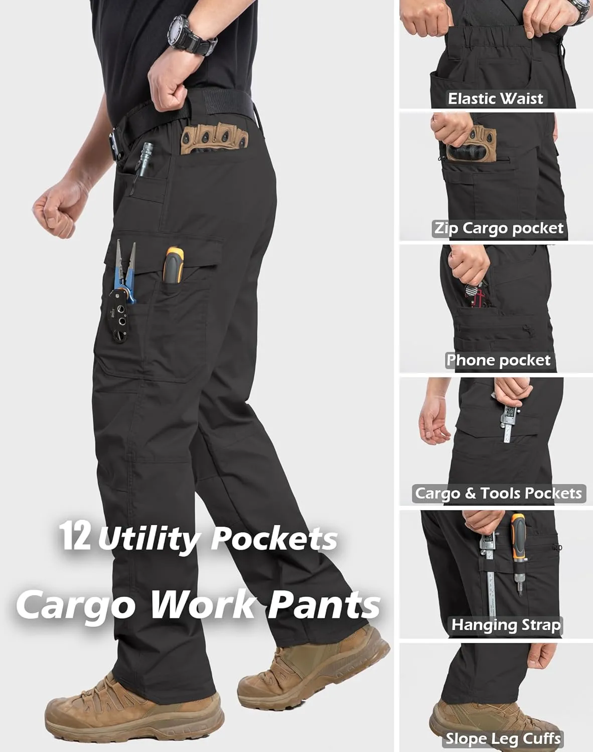 MANSDOUR Men's Ripstop Stretch Work Pants Lightweight Water Resistant Flex Cargo Pants Regular Fit EDC Utility Tactical Pants