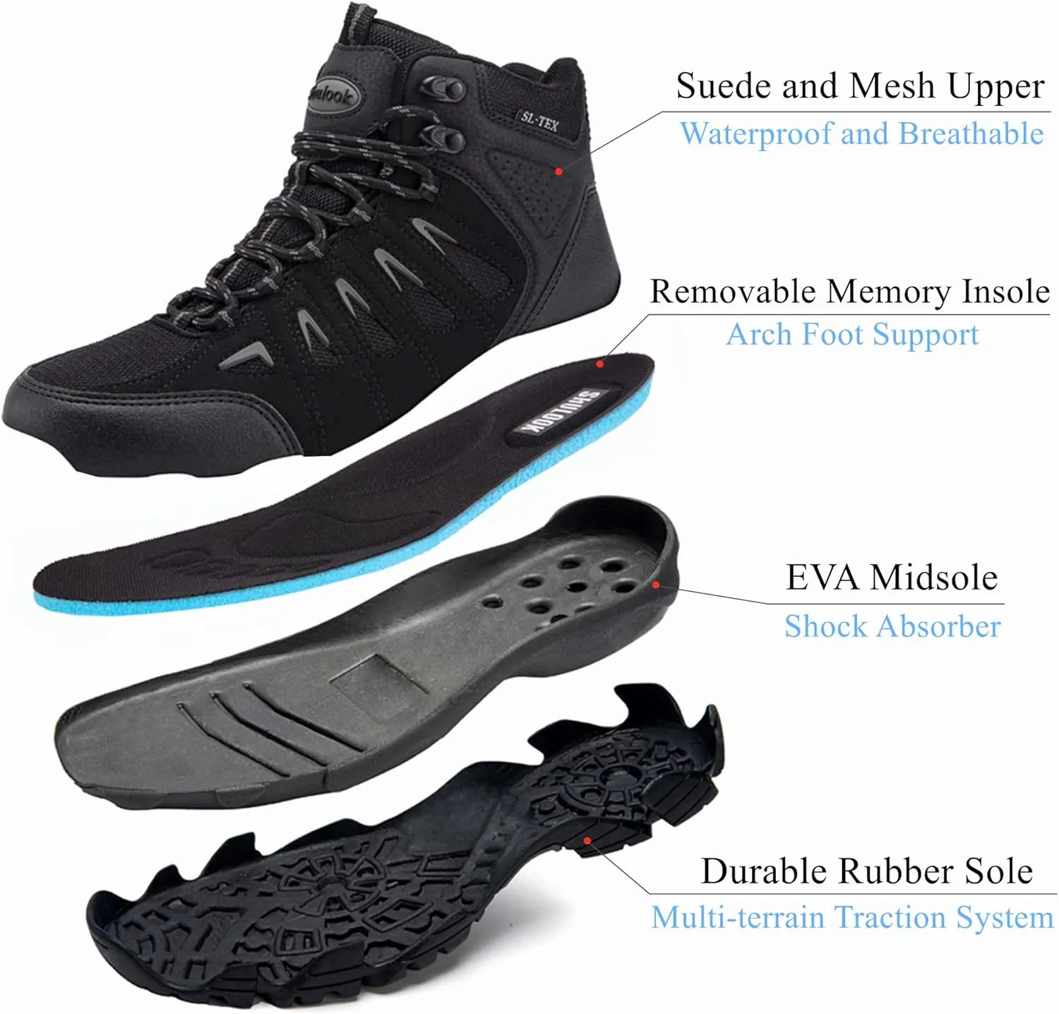 SHULOOK Men's Waterproof Hiking Boots Non-Slip Lightweight Outdoor Mid Top Ankle Boot Breathable Hiker Trekking Shoes