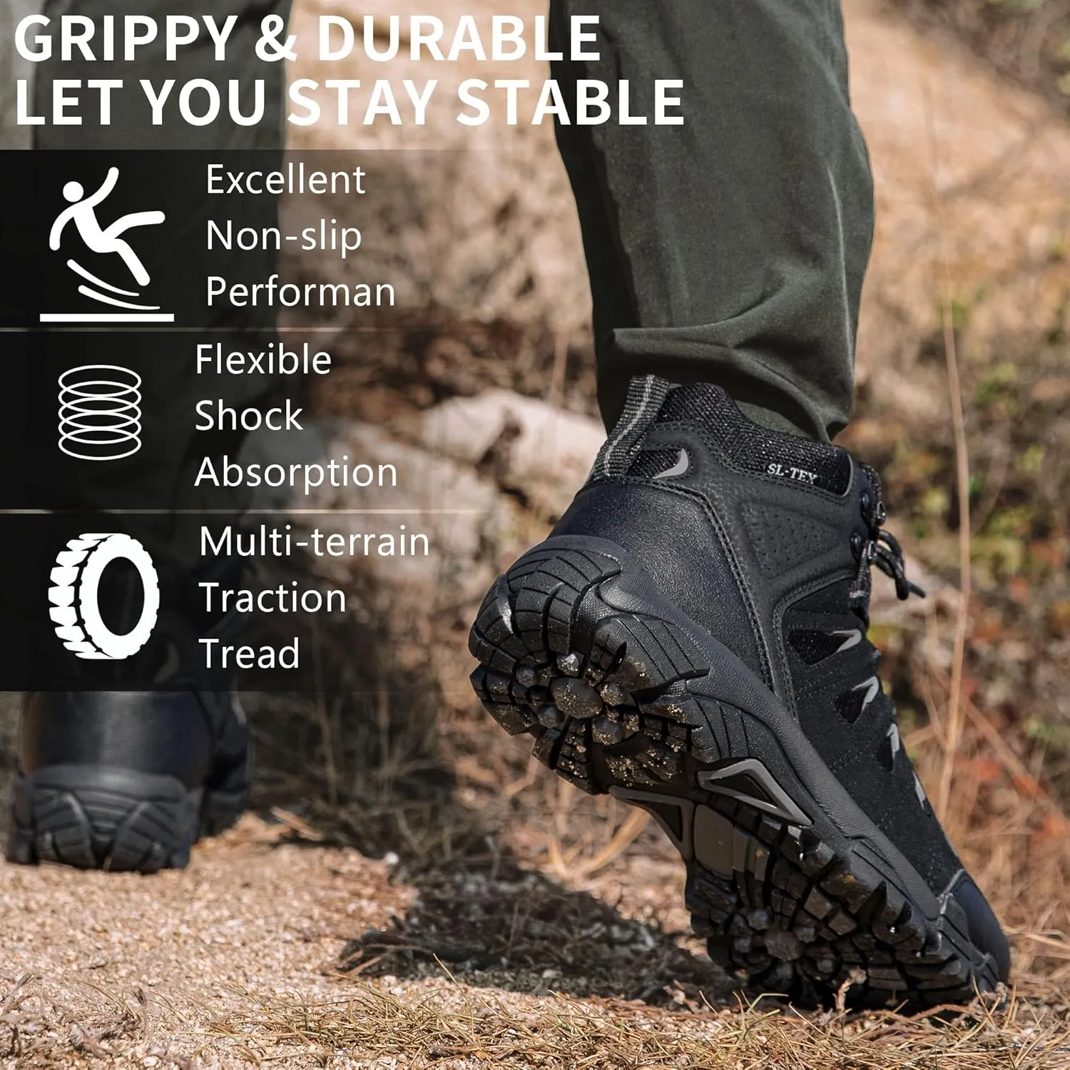 SHULOOK Men's Waterproof Hiking Boots Non-Slip Lightweight Outdoor Mid Top Ankle Boot Breathable Hiker Trekking Shoes