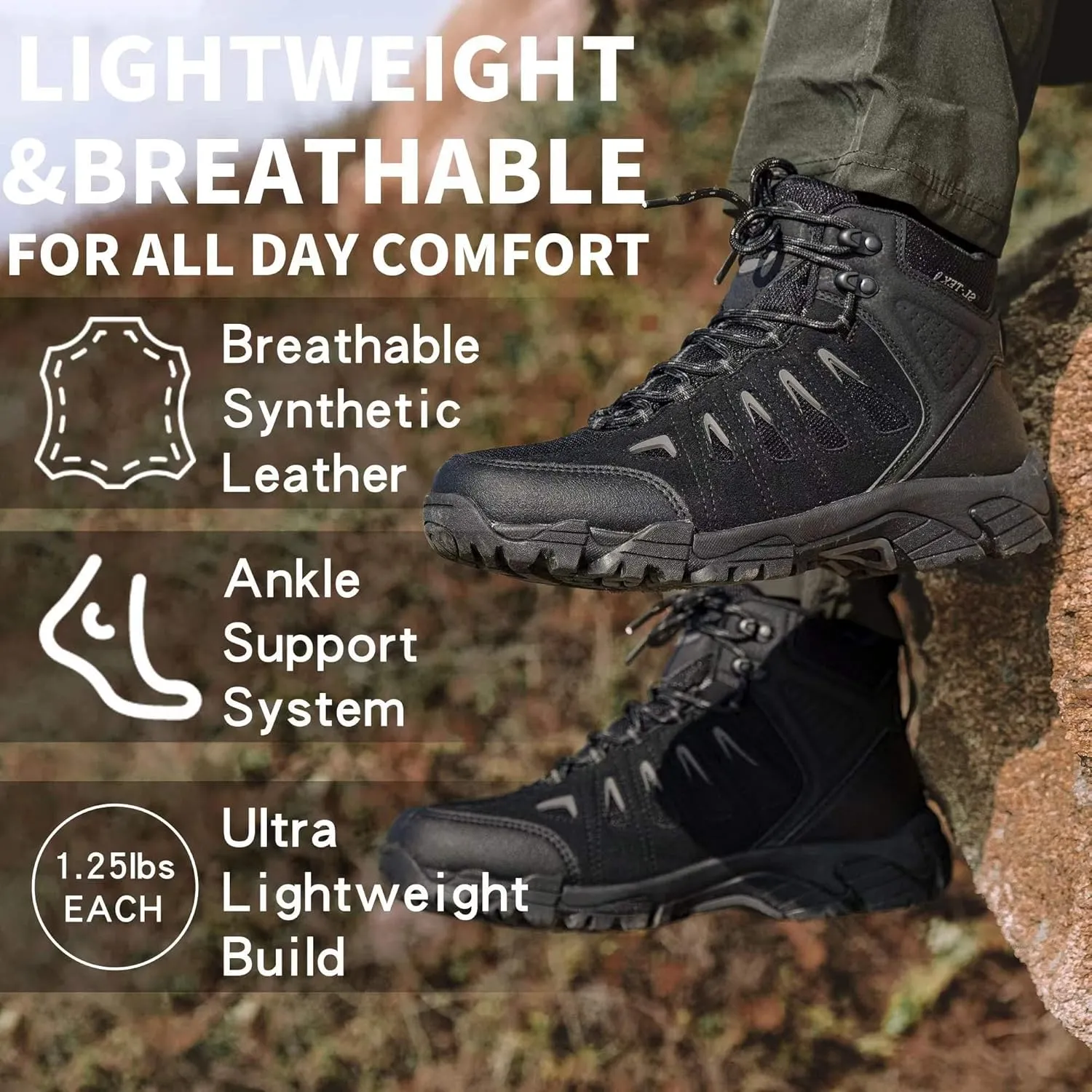 SHULOOK Men's Waterproof Hiking Boots Non-Slip Lightweight Outdoor Mid Top Ankle Boot Breathable Hiker Trekking Shoes
