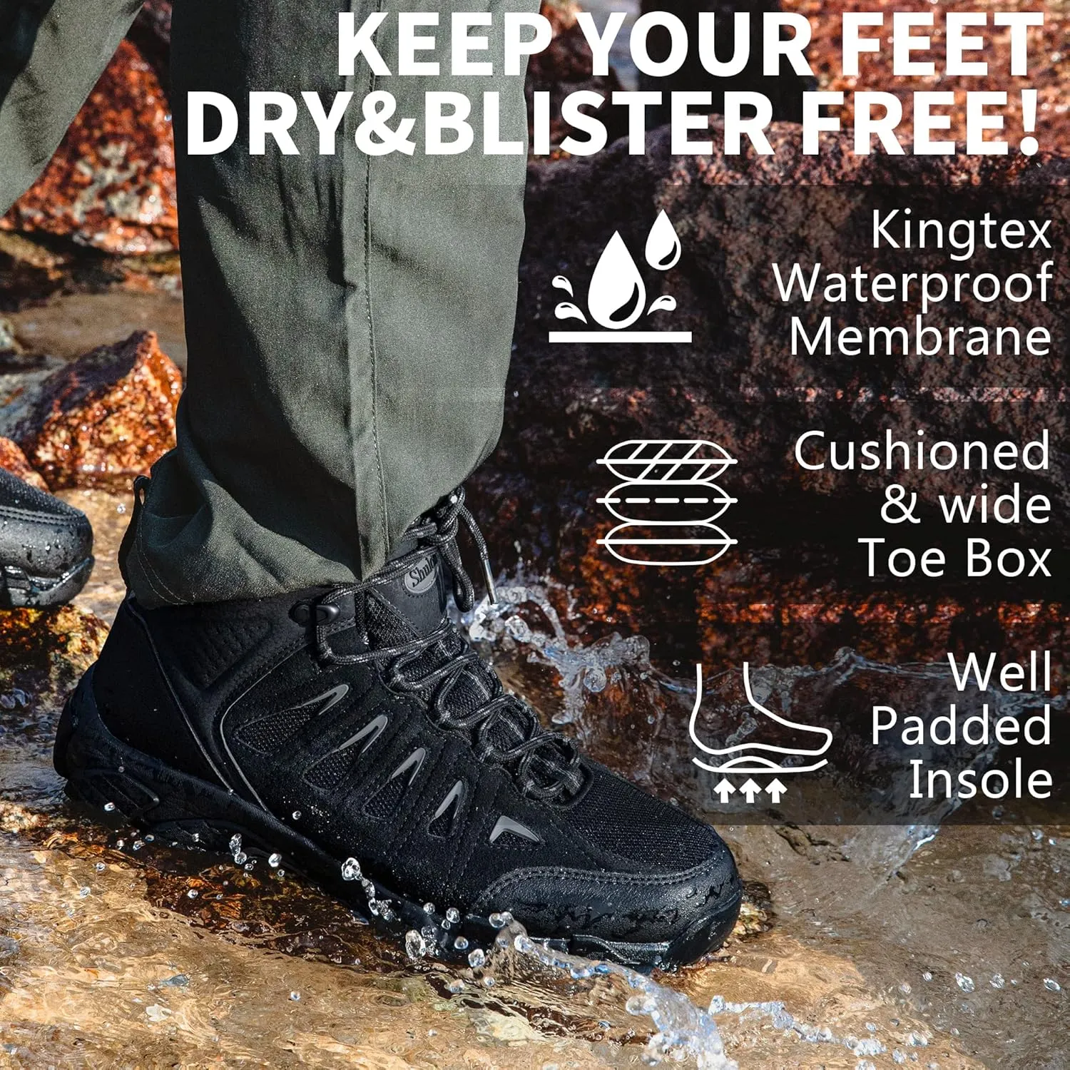 SHULOOK Men's Waterproof Hiking Boots Non-Slip Lightweight Outdoor Mid Top Ankle Boot Breathable Hiker Trekking Shoes
