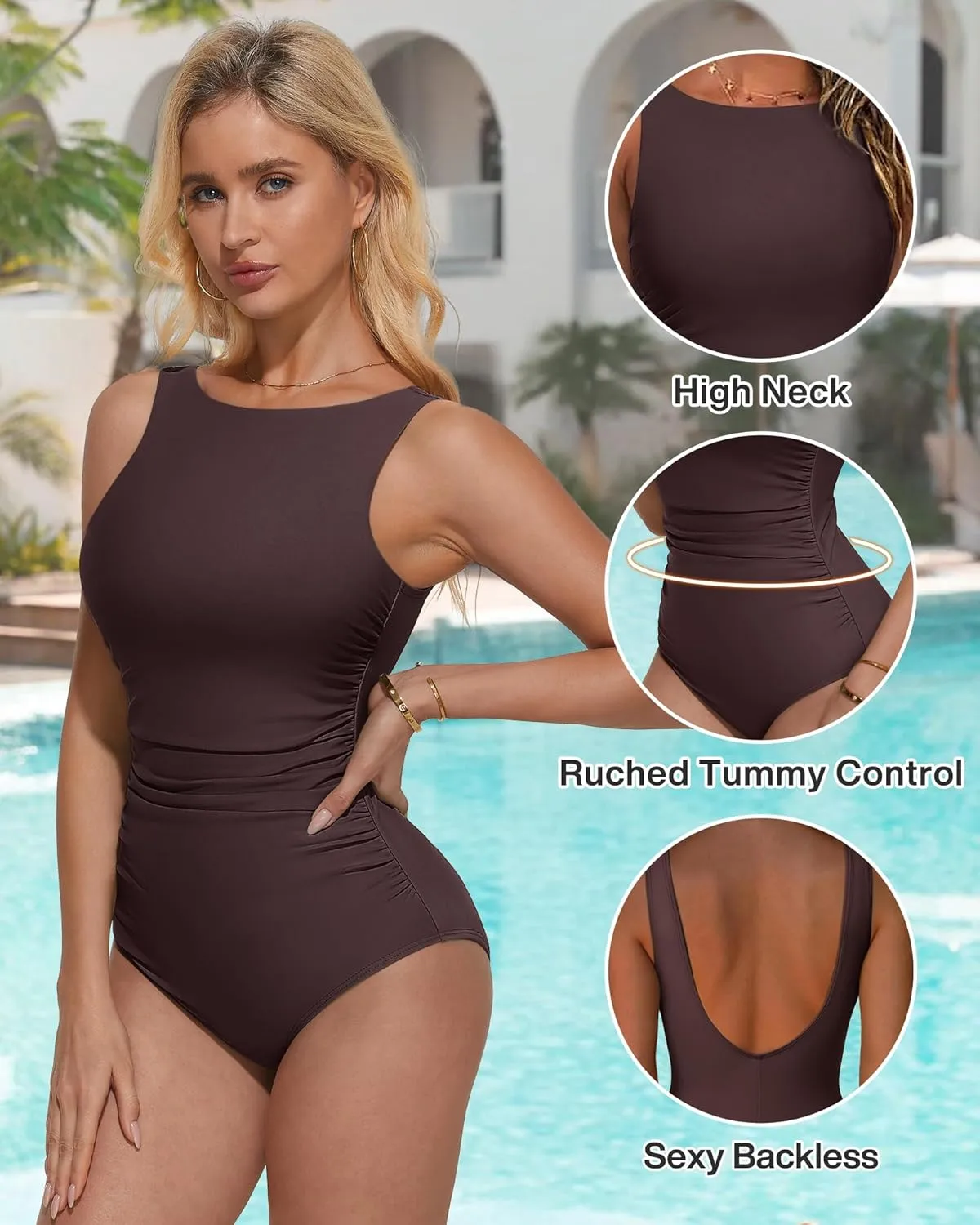 SUUKSESS Women One Piece Ruched Swimsuit Tummy Control Backless Bathing Suit
